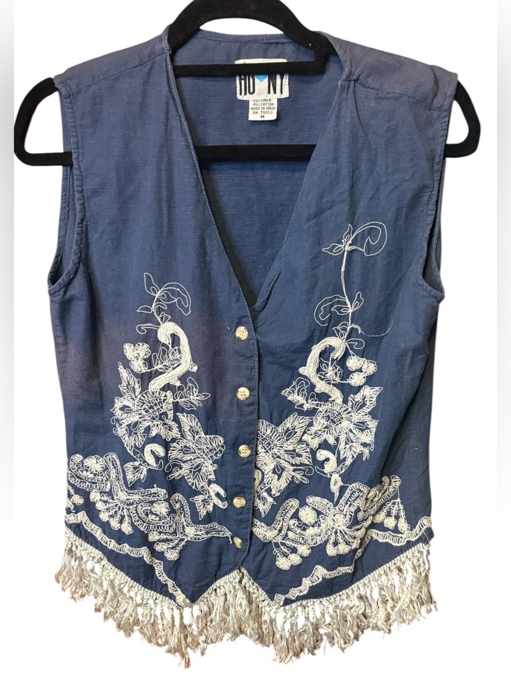 Vintage 90s HG NY Embroidered Fringe Vest Medium Boho Western Linen
